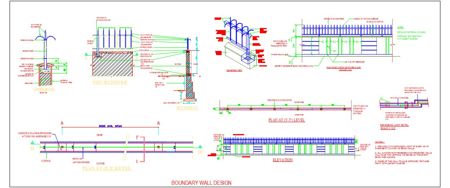 Boundary Wall Design DWG- M.S. Square Bar, Sections & Details